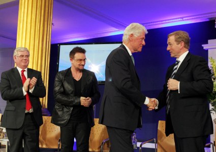 Pictured from left , An Tanaiste, Eamon Gilmore TD ; Bono ; former United States President Bill Clinton and Taoiseach Enda Kenny