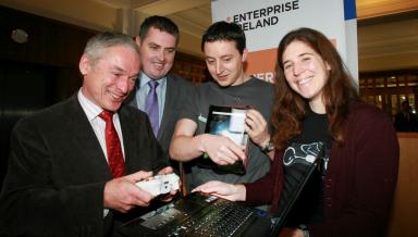 Pictured (l-r) are: Minister for Jobs, Enterprise and Innovation, Richard Bruton TD, Tom Cusack, Enterprise Ireland Manager, High Potential Start Ups with Andrew O’Connor and Andrea Magnorsky of Batcat Games.