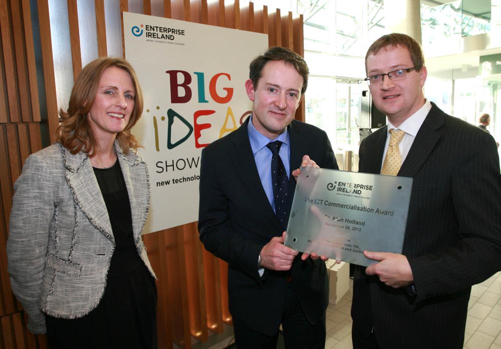 Winner of Enterprise Ireland's ICT Commercialisation Award Dr Alan Holland (right) pictured with Sean Sherlock TD, Minister for Research and Innovation and Deirdre Glenn, Enterprise Ireland Director of Manufacturing, Engineering and Energy Commercialisation