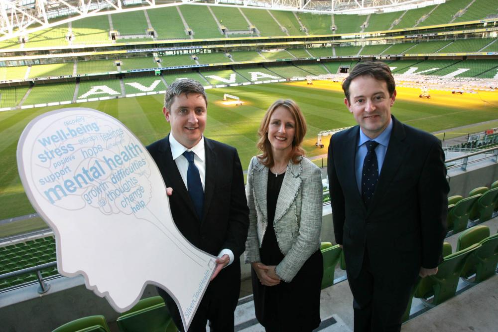 James Bligh of SilverCloud Health, (left) is pictured with Sean Sherlock TD, Minister for Research and Innovation, and Deirdre Glenn, Enterprise Ireland Director of Manufacturing, Engineering and Energy Commercialisation
