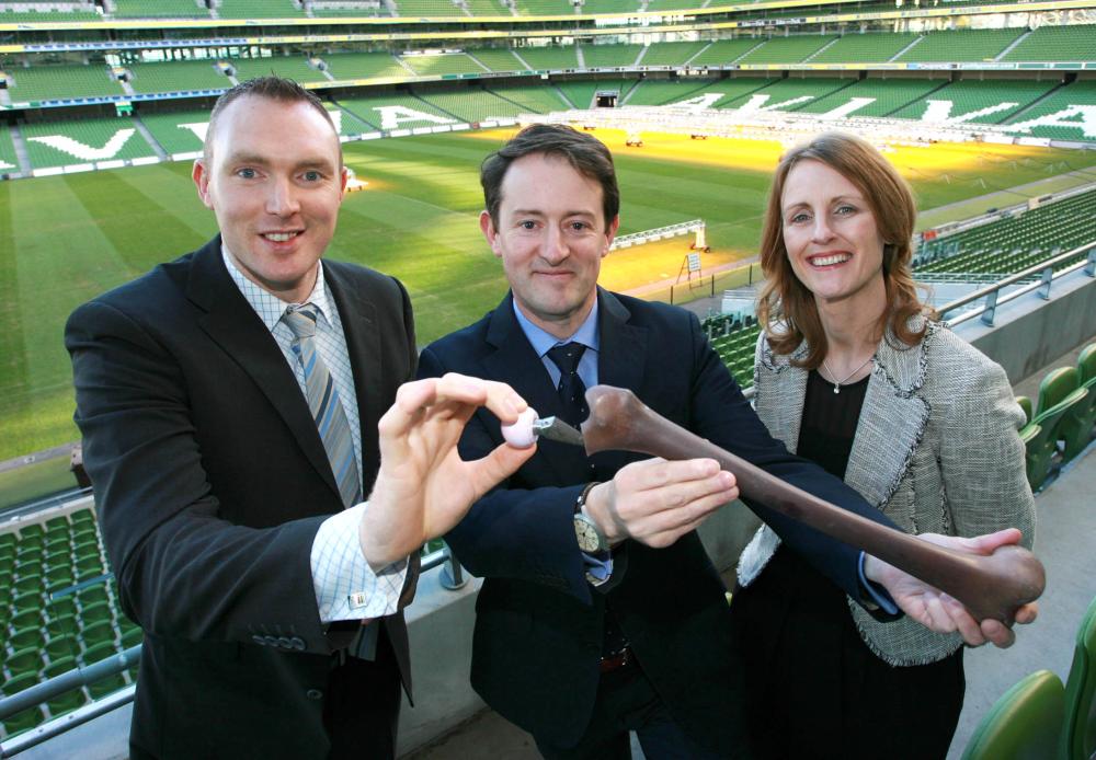 Dr Noel Harrison, (left) from OsteoAnchor (NUI Galway), is pictured here with Sean Sherlock TD, Minister for Research and Innovation, and Deirdre Glenn, Enterprise Ireland Director of Manufacturing, Engineering and Energy Commercialisation, at the Big Ideas Showcase. 