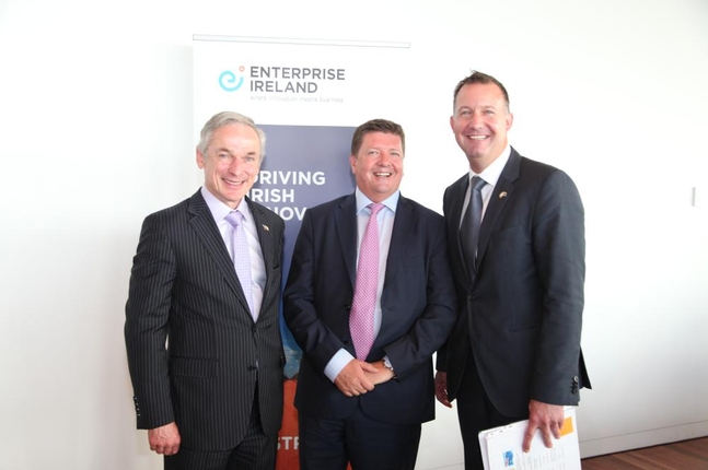 Pictured (l-r): Minister for Jobs, Enterprise and Innovation Richard Bruton TD; Mark McCloskey, President and Founder, Oneview Healthcare; Paul Burfield, Director – Australia/New Zealand, Enterprise Ireland