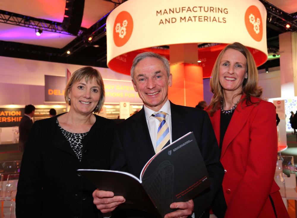 Minister Bruton launching the first Directory of Research Centres & Technology Centres in Ireland with Julie Sinnamon, CEO Enterprise Ireland (left) and Deirdre Glenn, Director of Manufacturing, Engineering and Energy Research Commercialisation, Enterprise Ireland at the Innovation Showcase