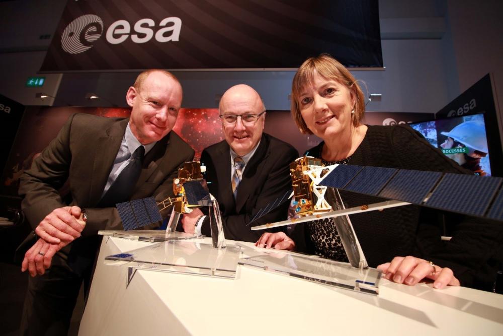 Pictured at the ESA exhibit at the Innovation Showcase in Dublin earlier today were Barry Fennell, Enterprise Ireland; Prof. Mark Ferguson, Director General, SFI and Juie Sinnamon, CEO, Enterprise Ireland