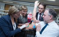 Ruth Patel, Respiro Research and Development and Simon Smith, Respiro Research and Development check out a venipuncture Sleeve with Julie Sinnamon, CEO Enterprise Ireland and David Merriman Head of Enterprise Development, Bank of Ireland 